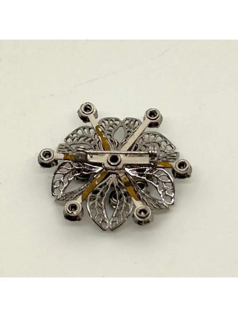 Vintage Silver Tone Rhinestone Brooch Pin Clear Crystal Floral Filigree Mid Cent